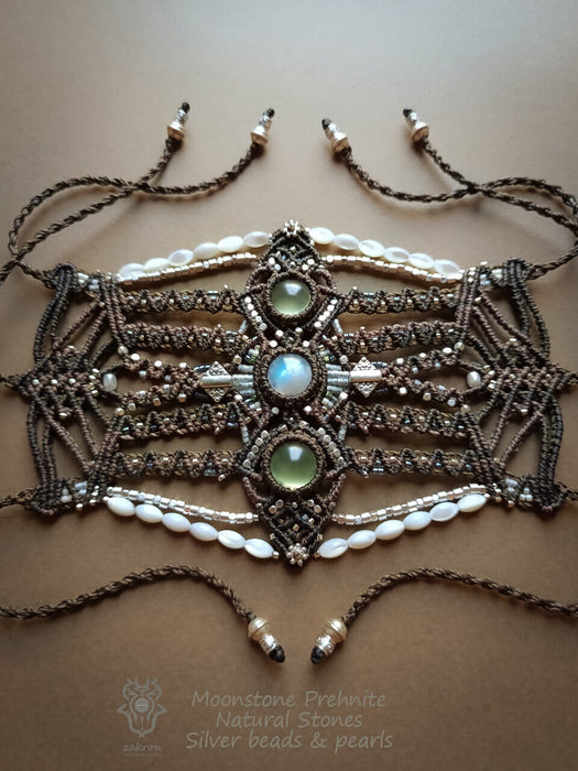 Moonstone & Prehnite macrame bracelet with fildisi pearls, Tribal chic macrame cuff