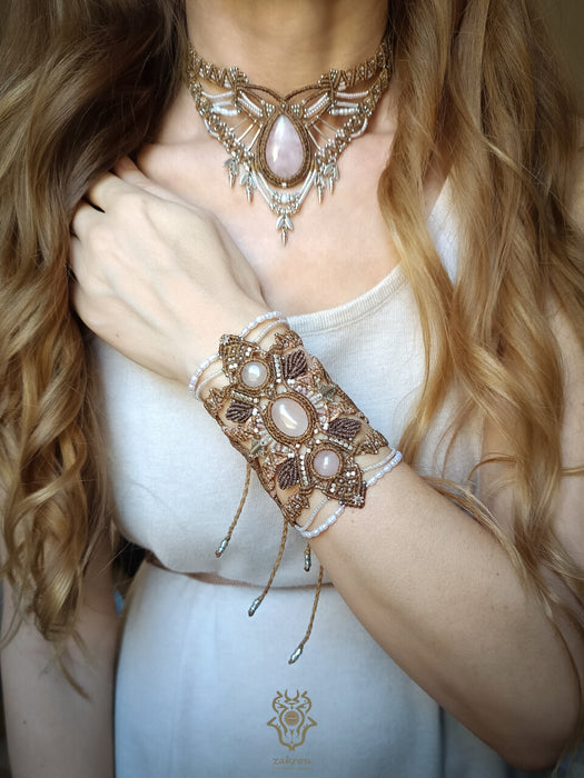 Rose Quartz macrame cuff bracelet with cultured pearls, Fairy jewelry