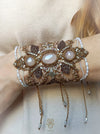 Rose Quartz macrame cuff bracelet with cultured pearls, Fairy jewelry