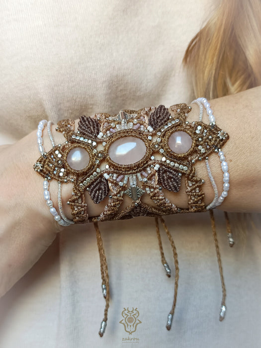Rose Quartz macrame cuff bracelet with cultured pearls, Fairy jewelry