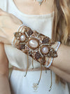 Rose Quartz macrame cuff bracelet with cultured pearls, Fairy jewelry