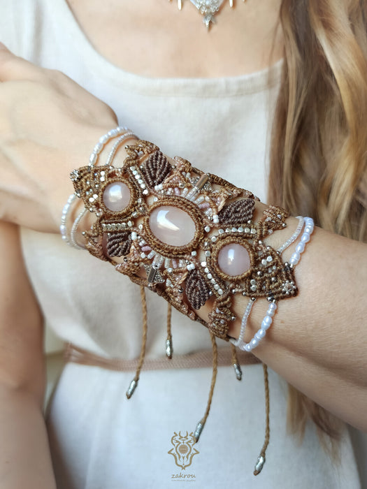 Rose Quartz macrame cuff bracelet with cultured pearls, Fairy jewelry