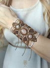 Rose Quartz macrame cuff bracelet with cultured pearls, Fairy jewelry