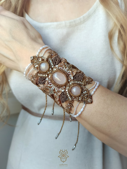 Rose Quartz macrame cuff bracelet with cultured pearls, Fairy jewelry
