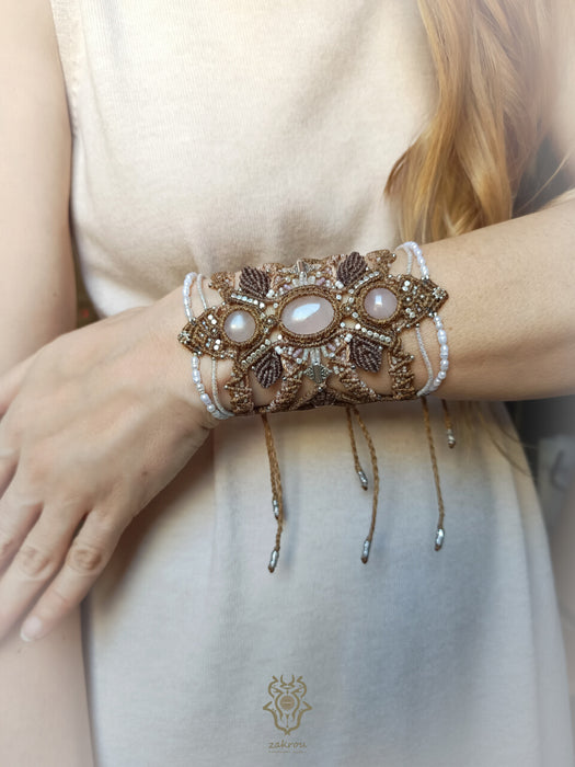 Rose Quartz macrame cuff bracelet with cultured pearls, Fairy jewelry