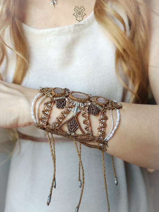 Quartz macrame bracelet with cultured pearls, Bohemian bracelet forest-cuff