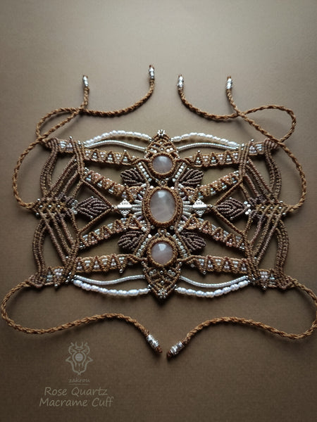 Rose Quartz macrame cuff bracelet with cultured pearls, Fairy jewelry