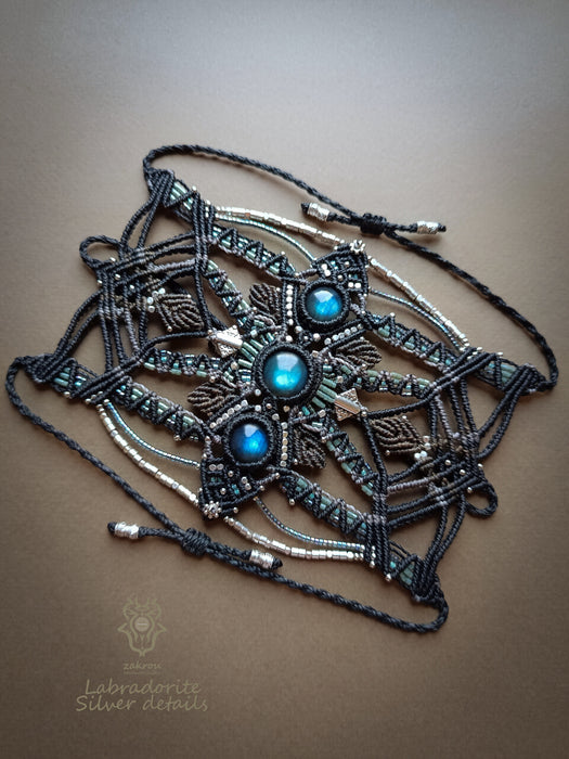 Labradorite boho macrame bracelet with silver details, Unique forest cuff