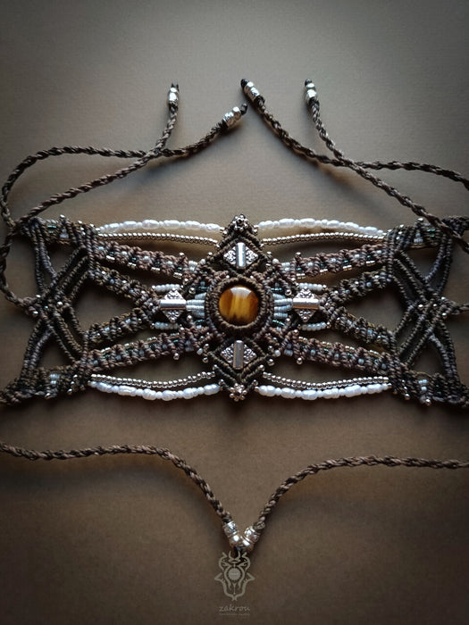New macrame bracelet with Tiger's eye & cultured pearls, Elegant party-cuff