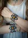 Tiger's eye macrame bracelet with pearls & silver adornments, Tribal macrame cuff