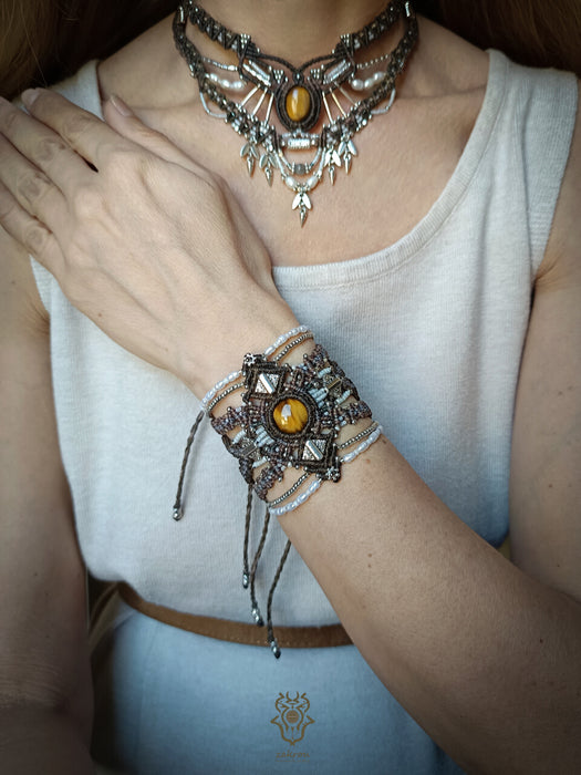 New macrame bracelet with Tiger's eye & cultured pearls, Tribal party-cuff
