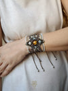 Tiger's eye macrame bracelet with pearls & silver adornments, Tribal macrame cuff