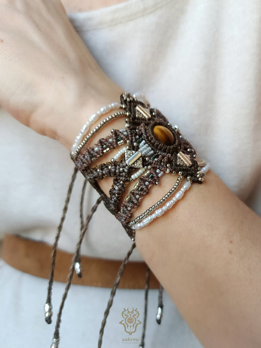 Tiger's eye macrame bracelet with pearls & silver adornments, Tribal macrame cuff