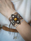 Tiger's eye macrame bracelet with pearls & silver adornments, Tribal macrame cuff