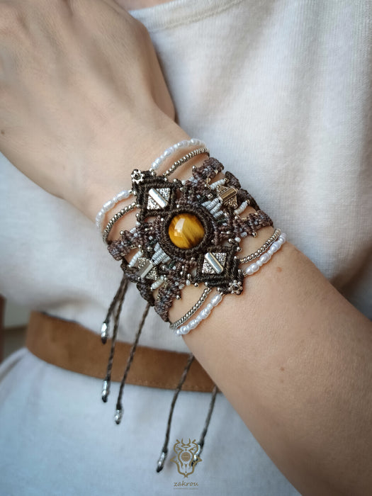 Tiger's eye macrame bracelet with pearls & silver adornments, Tribal macrame cuff