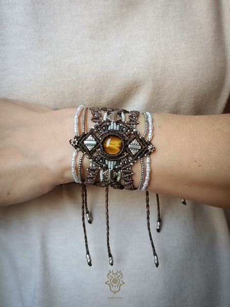 Tiger's eye macrame bracelet with pearls & silver adornments, Tribal macrame cuff