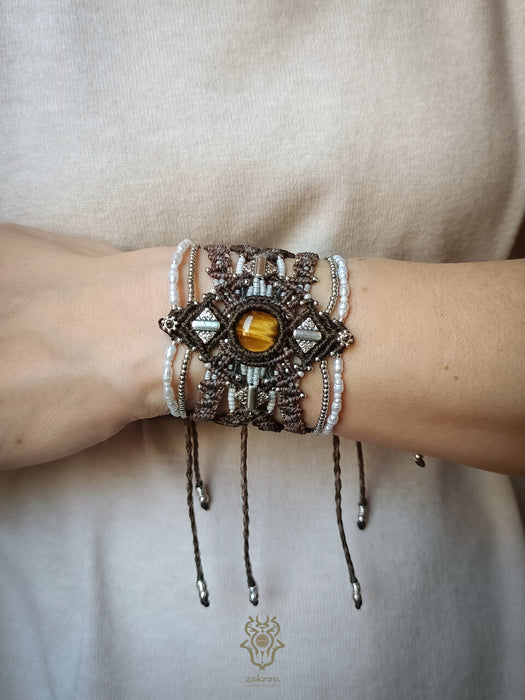 Tiger's eye macrame bracelet with pearls & silver adornments, Tribal macrame cuff