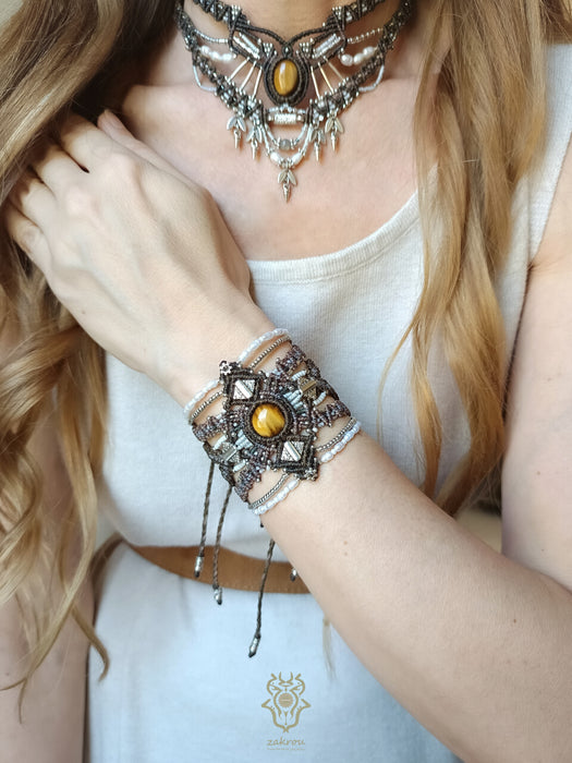 Tiger's eye macrame bracelet with pearls & silver adornments, Tribal macrame cuff