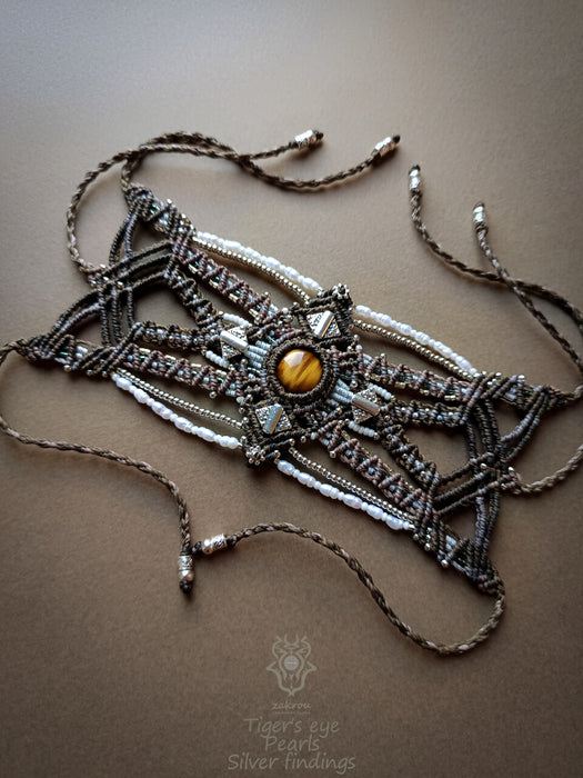 Tiger's eye macrame bracelet with pearls & silver adornments, Tribal macrame cuff