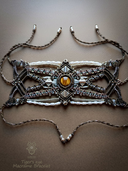 Macrame bracelet with Tiger's eye & cultured pearls, Tribal party-cuff