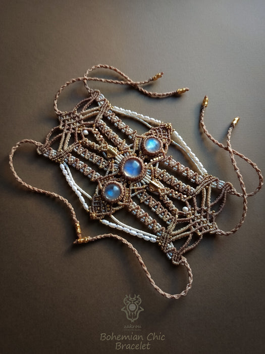 Macrame bracelet with Moonstone & cultured pearls, Elegant bracelet party-cuff