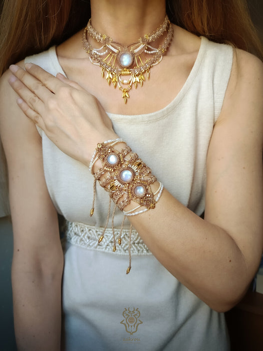 Macrame bracelet with Moonstone & cultured pearls, Elegant bracelet party-cuff