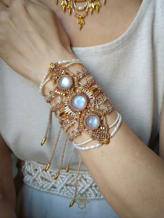 Macrame bracelet with Moonstone & cultured pearls, Elegant bracelet party-cuff