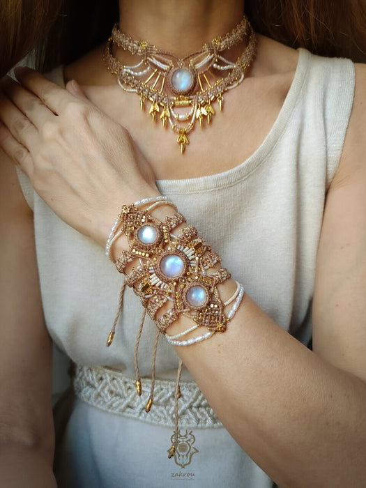 Macrame bracelet with Moonstone & cultured pearls, Elegant bracelet party-cuff