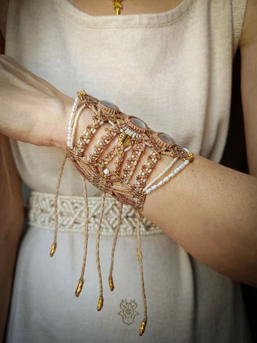 Macrame bracelet with Moonstone & cultured pearls, Elegant bracelet party-cuff