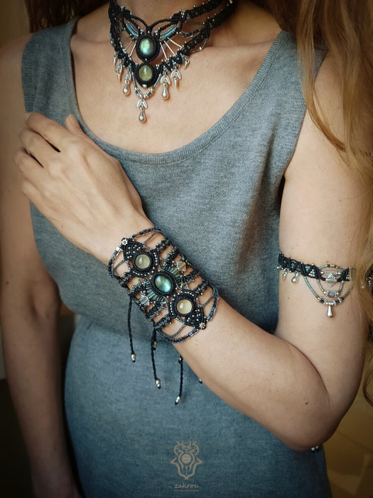 New Labradorite & Prehnite macrame bracelet, Festival cuff tribal style