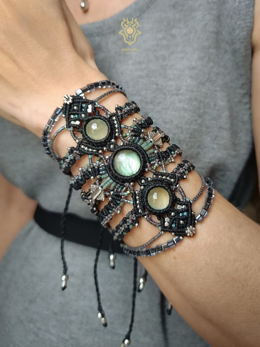 New Labradorite & Prehnite macrame bracelet, Festival beaded cuff tribal style