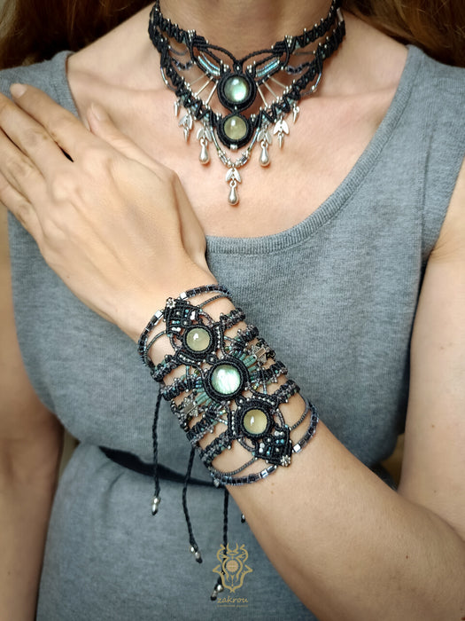 New Labradorite & Prehnite macrame bracelet, Festival beaded cuff tribal style