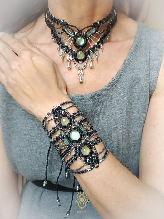 New Labradorite & Prehnite macrame bracelet, Festival beaded cuff tribal style