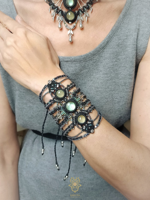 New Labradorite & Prehnite macrame bracelet, Festival beaded cuff tribal style
