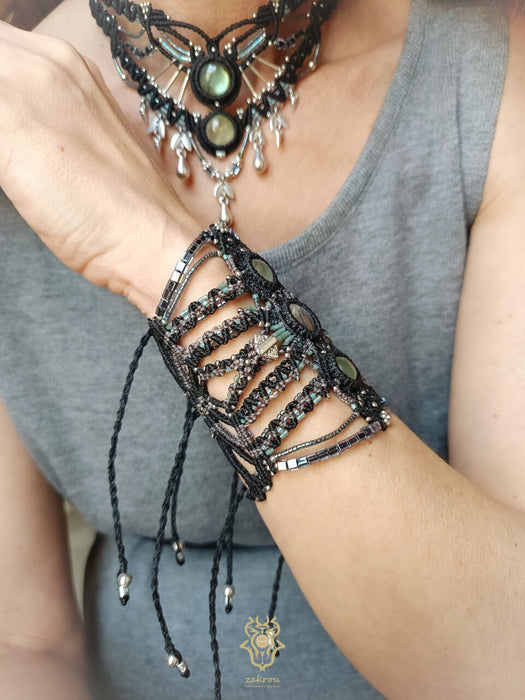 New Labradorite & Prehnite macrame bracelet, Festival beaded cuff tribal style