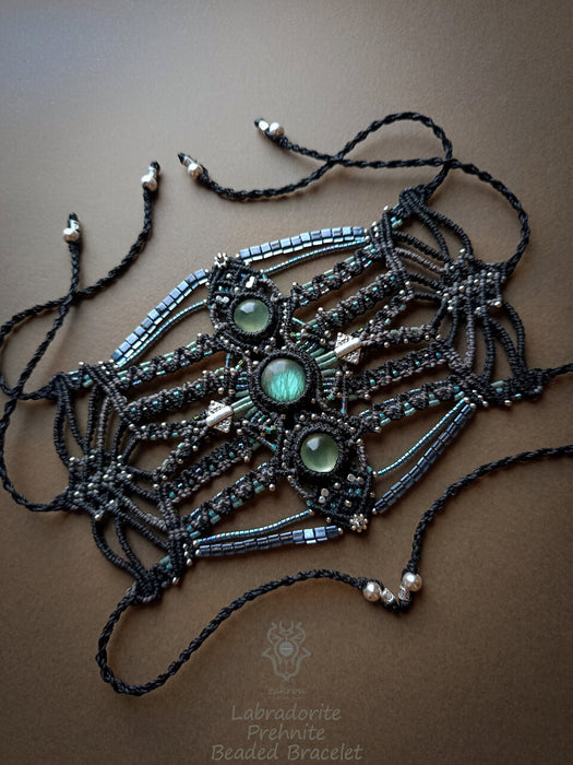 New Labradorite & Prehnite macrame bracelet, Festival beaded cuff tribal style