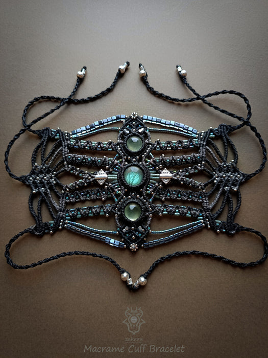 New Labradorite & Prehnite macrame bracelet, Festival beaded cuff tribal style
