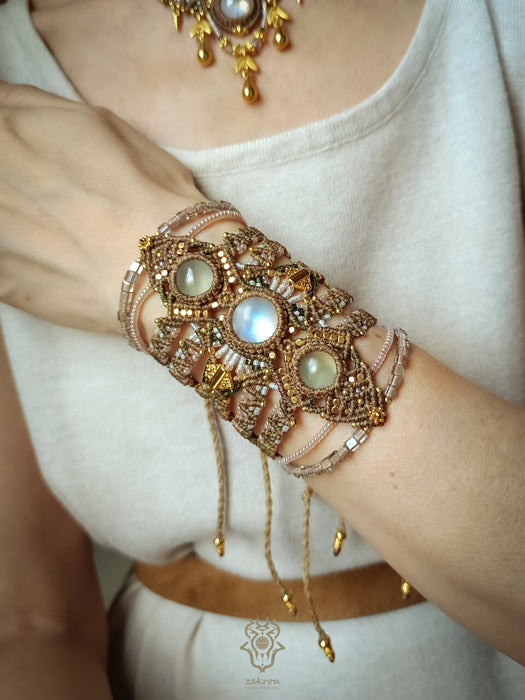 Moonstone & Prehnite macrame tribal bracelet, Native American party jewel