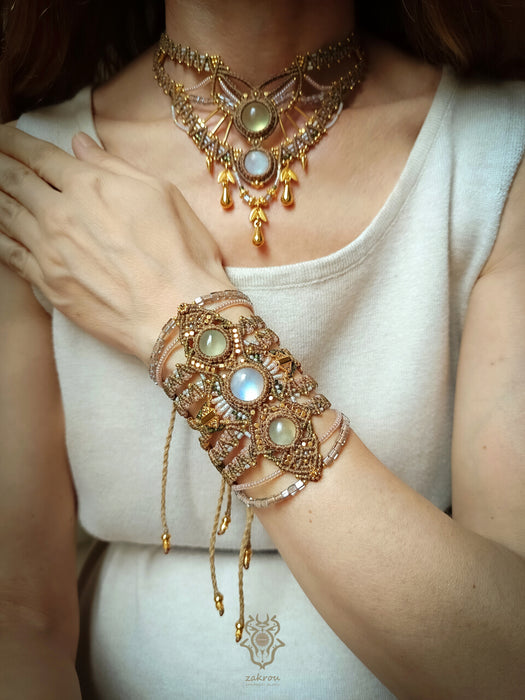 Moonstone & Prehnite macrame tribal bracelet, Native American party jewel