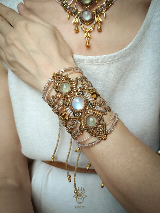 Moonstone & Prehnite macrame tribal bracelet, Native American party jewel