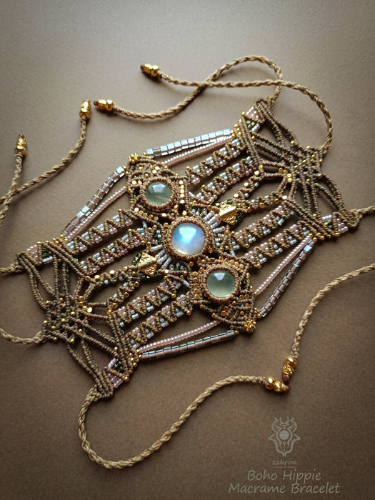 Moonstone & Prehnite macrame tribal bracelet, Native American party jewel