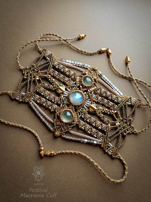 Moonstone & Prehnite macrame tribal bracelet, Native American jewelry