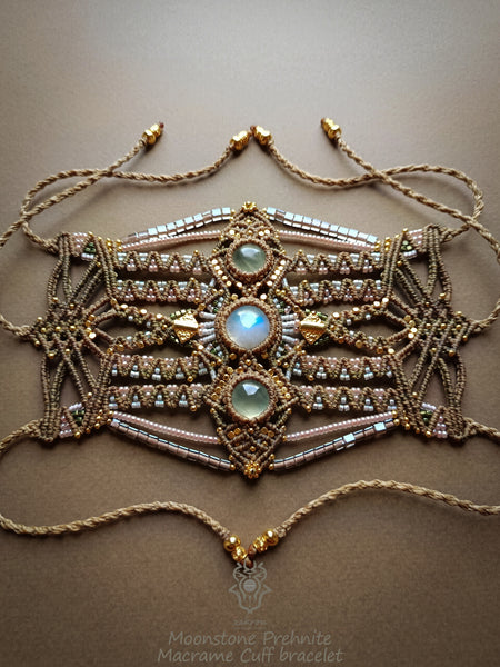 Moonstone & Prehnite macrame tribal bracelet, Native American jewelry