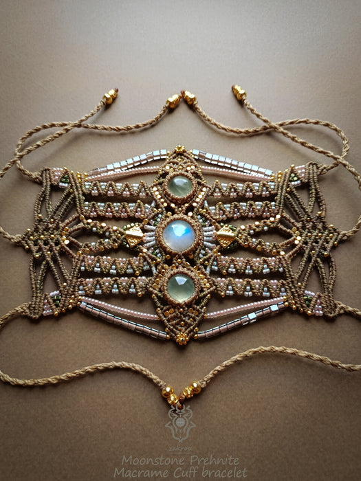 Moonstone & Prehnite macrame tribal bracelet, Native American jewelry