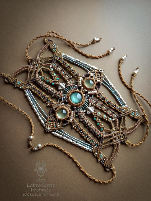 Festival macrame bracelet with Labradorite & Prehnite, Boho hippie beaded cuff