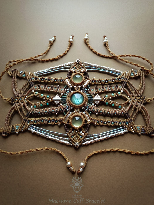 Labradorite & Prehnite macrame cuff bracelet, Festival style
