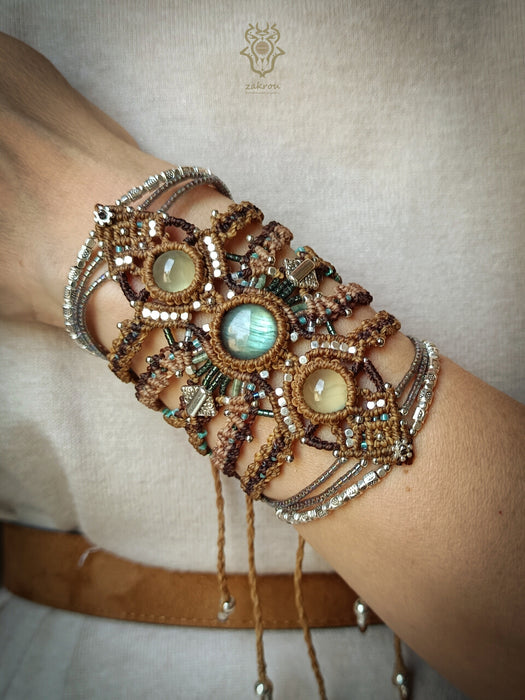 Labradorite & Prehnite macrame cuff bracelet, Festival style