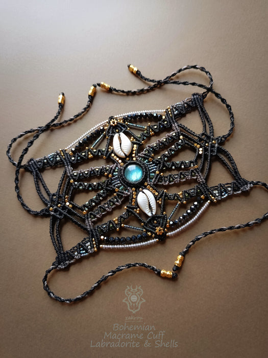 Labradorite bohemian macrame bracelet with shells & golden details, Festival beaded cuff