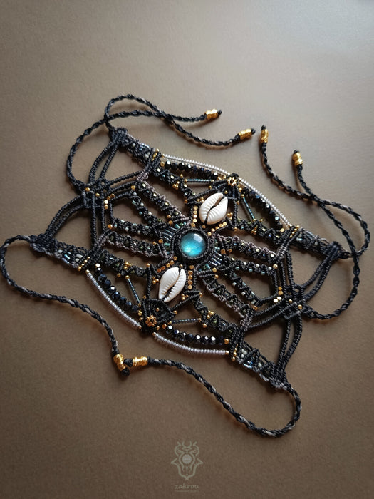 Labradorite bohemian macrame bracelet with shells & golden details, Festival beaded cuff