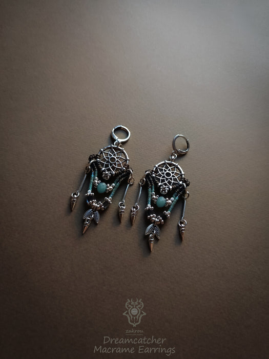 Native American macrame earrings with dangling elements, Dreamcatcher earrings